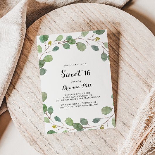 Invitation Vert Eucalyptus Doux 16 Anniversaire