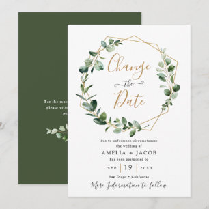 Invitation Vert Eucalyptus Géométrique Or Changement de Date