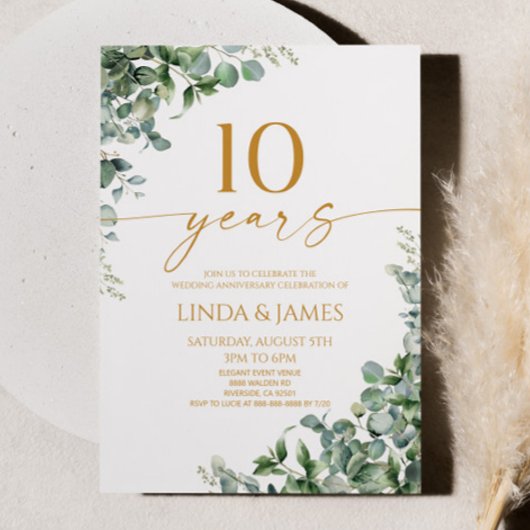 Invitation Vert Eucalyptus Gold 10e anniversaire Mariage