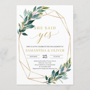 Invitation Vert eucalyptus or elle a dit oui fiançailles