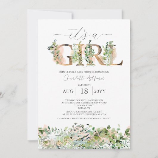 Invitation Vert Eucalyptus rose C'est un Baby shower féminin (Devant)