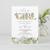 Invitation Vert Eucalyptus rose C'est un Baby shower féminin (Debout devant)
