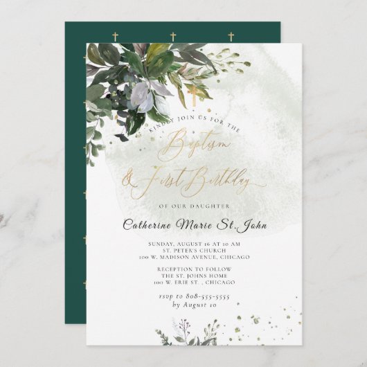 Invitation Vert Eucalyptus Rustique 1er anniversaire Baptême (Devant / Derrière)