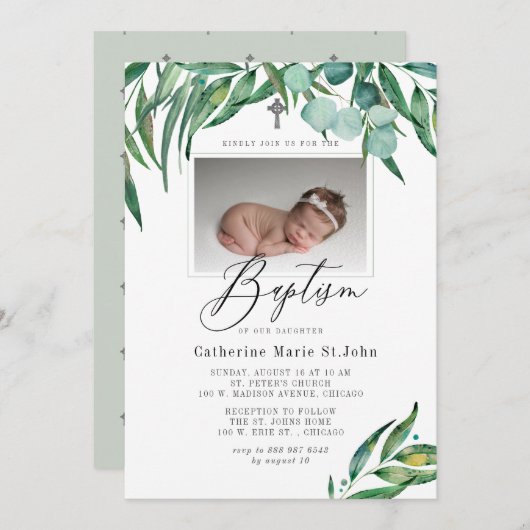 Invitation Vert Eucalyptus Rustique Photo Baptême (Devant / Derrière)