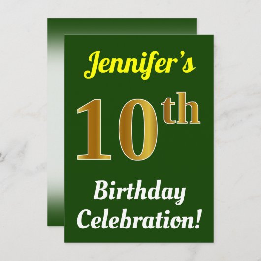 Invitation Vert, Faux Or 10e anniversaire Célébration + Nom (Devant / Derrière)