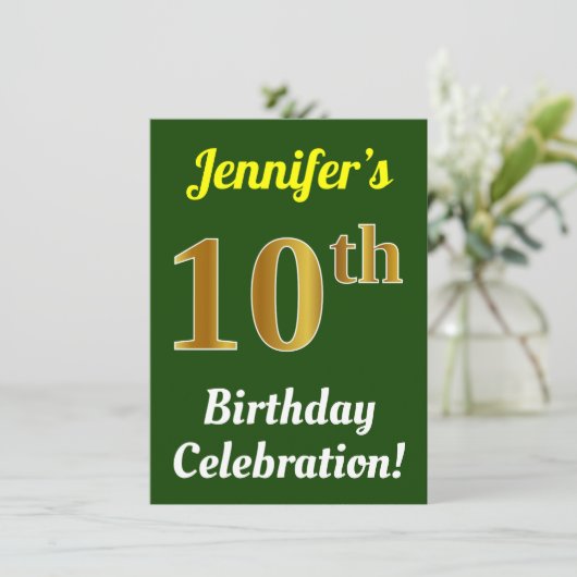 Invitation Vert, Faux Or 10e anniversaire Célébration + Nom (Debout devant)