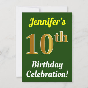Invitation Vert, Faux Or 10e anniversaire Célébration + Nom