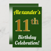 Invitation Vert, Faux Or 11e anniversaire Célébration + Nom (Devant / Derrière)