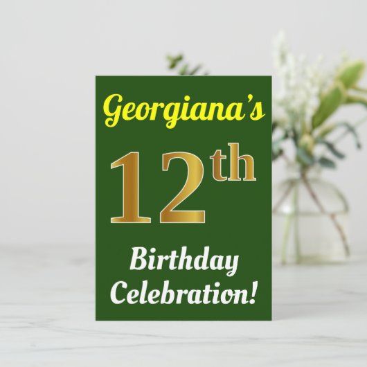 Invitation Vert, Faux Or 12e anniversaire Célébration + Nom (Debout devant)