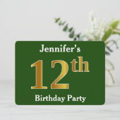Invitation Vert, Faux Or 12e Anniversaire + Nom Personnalisé (Debout devant)