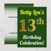 Invitation Vert, Faux Or 13e anniversaire Célébration + Nom (Devant / Derrière)