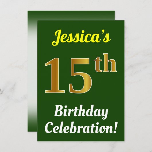 Invitation Vert, Faux Or 15e anniversaire Célébration + Nom (Devant / Derrière)