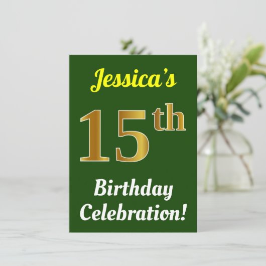 Invitation Vert, Faux Or 15e anniversaire Célébration + Nom (Debout devant)