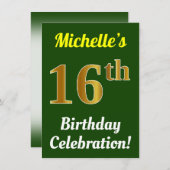 Invitation Vert, Faux Or 16e anniversaire Célébration + Nom (Devant / Derrière)