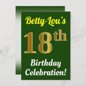Invitation Vert, Faux Or 18e anniversaire Célébration + Nom (Devant / Derrière)