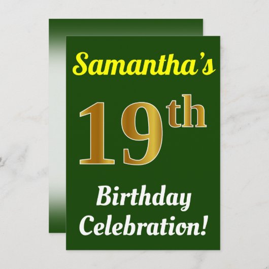 Invitation Vert, Faux Or 19e anniversaire Célébration + Nom (Devant / Derrière)