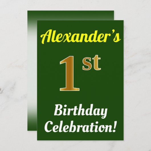 Invitation Vert, Faux Or 1er anniversaire Célébration + Nom (Devant / Derrière)