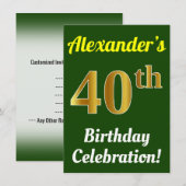Invitation Vert, Faux Or 40e anniversaire Célébration + Nom (Devant / Derrière)