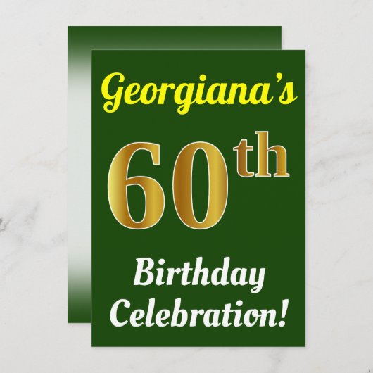Invitation Vert, Faux Or 60e anniversaire Célébration + Nom (Devant / Derrière)