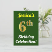 Invitation Vert, Faux Or 6e anniversaire Célébration + Nom (Debout devant)