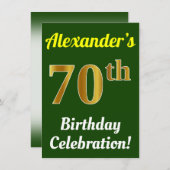 Invitation Vert, Faux Or 70e anniversaire Célébration + Nom (Devant / Derrière)