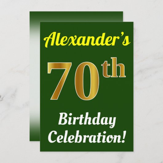 Invitation Vert, Faux Or 70e anniversaire Célébration + Nom (Devant / Derrière)