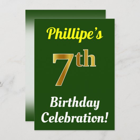 Invitation Vert, Faux Or 7ème anniversaire Célébration + Nom (Devant / Derrière)