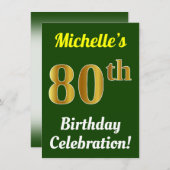 Invitation Vert, Faux Or 80e anniversaire Célébration + Nom (Devant / Derrière)