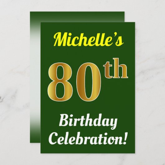 Invitation Vert, Faux Or 80e anniversaire Célébration + Nom (Devant / Derrière)