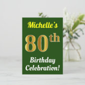 Invitation Vert, Faux Or 80e anniversaire Célébration + Nom (Debout devant)