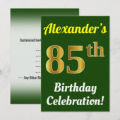 Invitation Vert, Faux Or 85e anniversaire Célébration + Nom (Devant / Derrière)