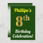 Invitation Vert, Faux Or 8e anniversaire Célébration + Nom (Devant / Derrière)