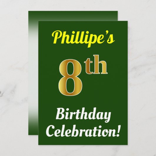 Invitation Vert, Faux Or 8e anniversaire Célébration + Nom (Devant / Derrière)