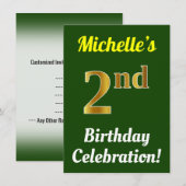 Invitation Vert, Faux Or Célébration de 2e Anniversaire + Nom (Devant / Derrière)