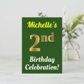 Invitation Vert, Faux Or Célébration de 2e Anniversaire + Nom (Debout devant)