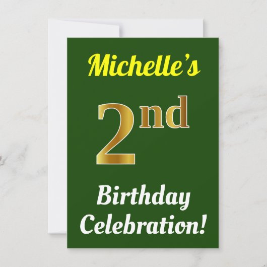 Invitation Vert, Faux Or Célébration de 2e Anniversaire + Nom (Devant)