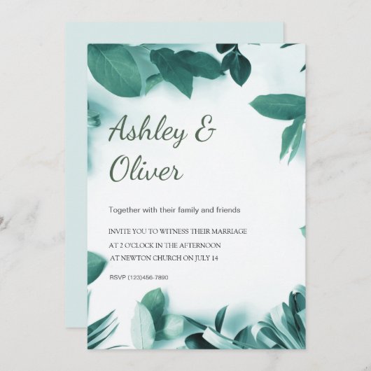 Invitation Vert Feuille simple Vert vert Mariage (Devant / Derrière)