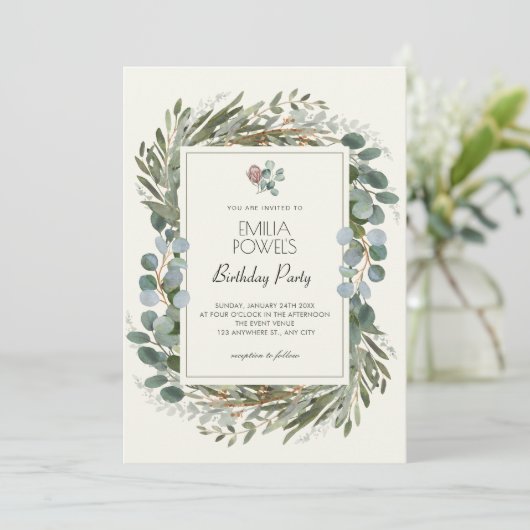 INVITATION VERT FEUILLE WREATH ANNIVERSAIRE (Debout devant)