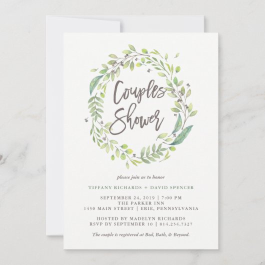 Invitation Vert feuilles | Aquarelle Wreath Couples Douche (Devant)