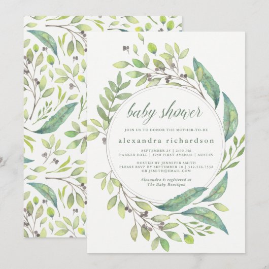 Invitation Vert feuilles | Baby shower de couronnes d'aquarel (Devant / Derrière)