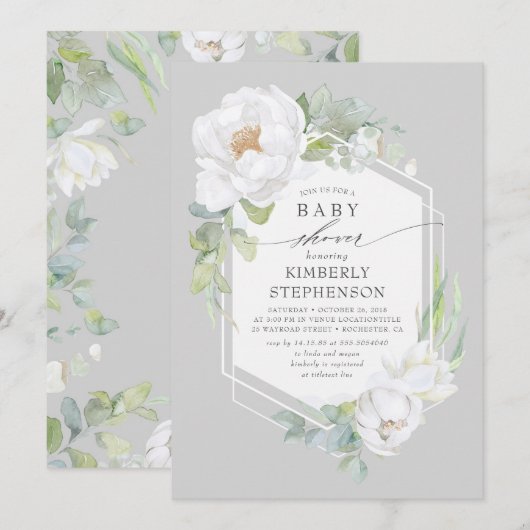Invitation Vert floral blanc Baby shower moderne élégant (Devant / Derrière)