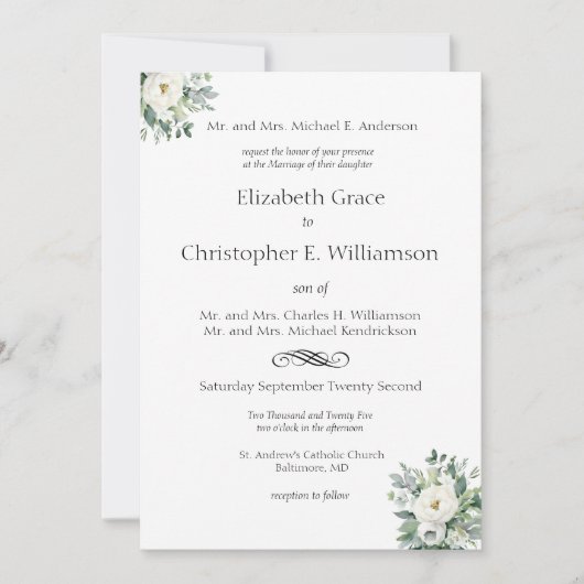 Invitation Vert floral blanc Mariage traditionnel (Devant)