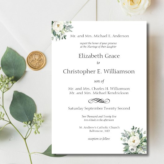 Invitation Vert floral blanc Mariage traditionnel
