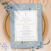 Invitation Vert Floral Dusty Blue Boy Baptême