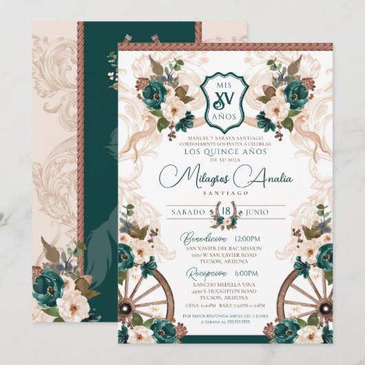 Invitation Vert Floral Elegant Charro Quinceanera Ouest (Devant / Derrière)