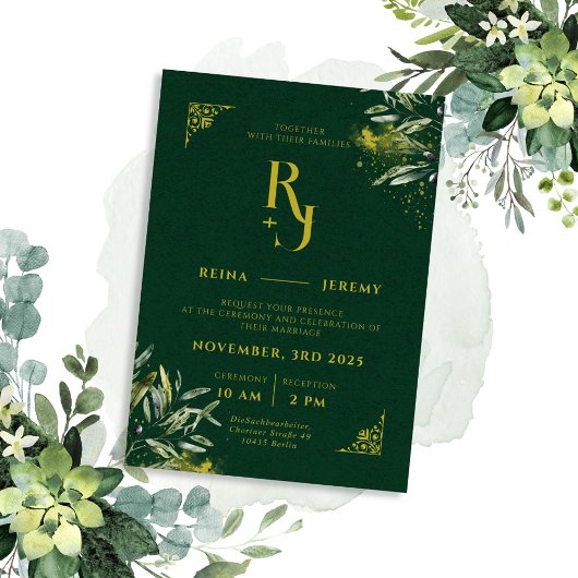 Invitation Vert Floral Élégant Mariage esthétique