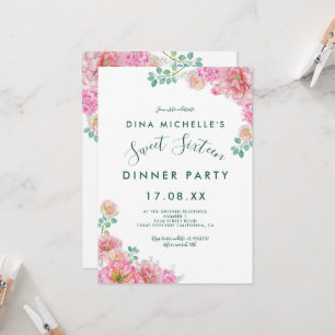 Invitation Vert floral et rose aquarelle délicate Sweet 16