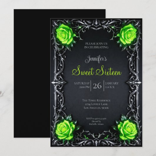 Invitation Vert Floral gothique Sweet 16 (Devant / Derrière)