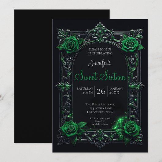 Invitation Vert Floral Gothique Sweet 16 (Devant / Derrière)
