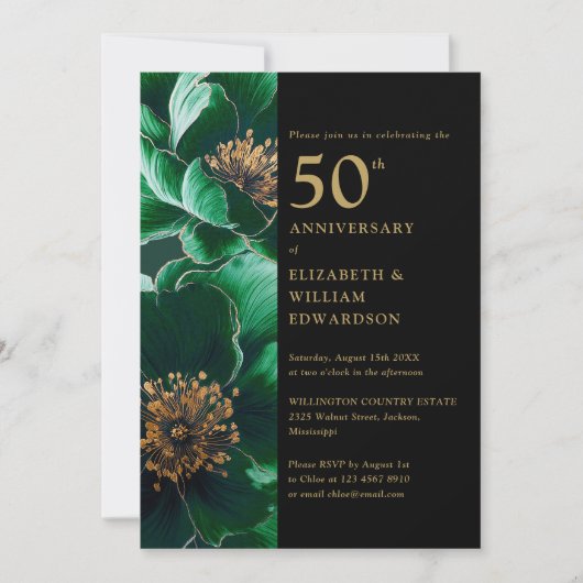 Invitation Vert Floral Noir Et Or Chic 50e Anniversaire (Devant)